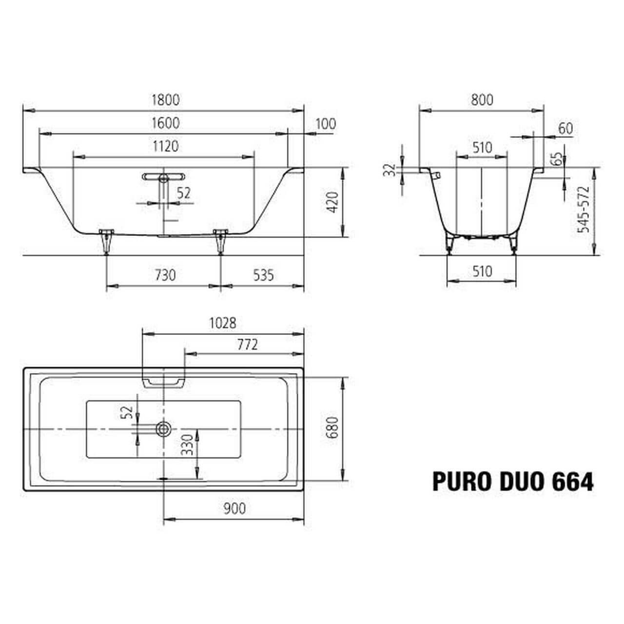 Kaldewei Badewanne Puro Duo 180x80 cm Weiß (266400010001)