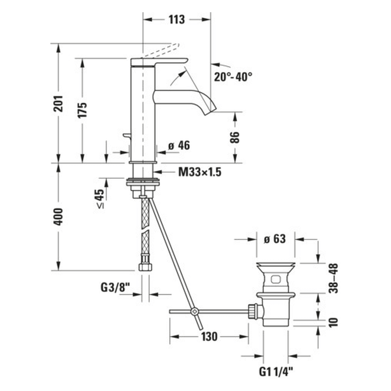 Duravit Waschtisch-Einhebelmischer M C.1, 113mm Ausladung, mit Zugstangen-Ablaufgarnitur, chrom