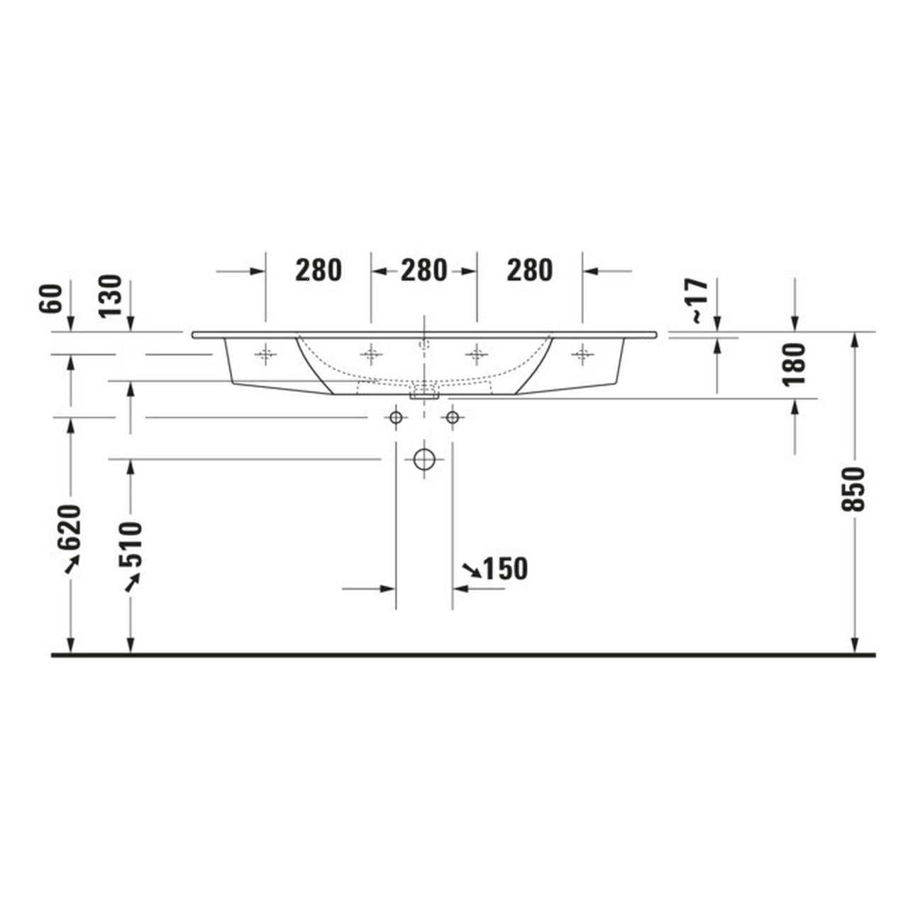 Duravit Möbelwaschtisch Me by Starck 123 cm Weiß mit Hahnloch und Überlauf WonderGliss (23361200001)