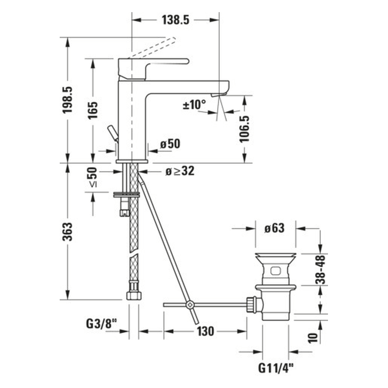 Duravit Waschtischarmatur M B.2 Chrom 139 mm mit Zugstangen-Ablaufgarnitur (B21020001010)