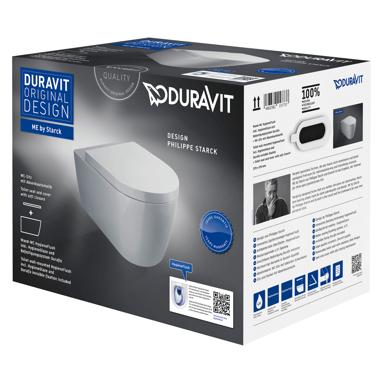 Duravit Wand-Tiefspül-WC Set Me by Starck HygieneFlush Rimless mit WC-Sitz Weiß (45790920A1)