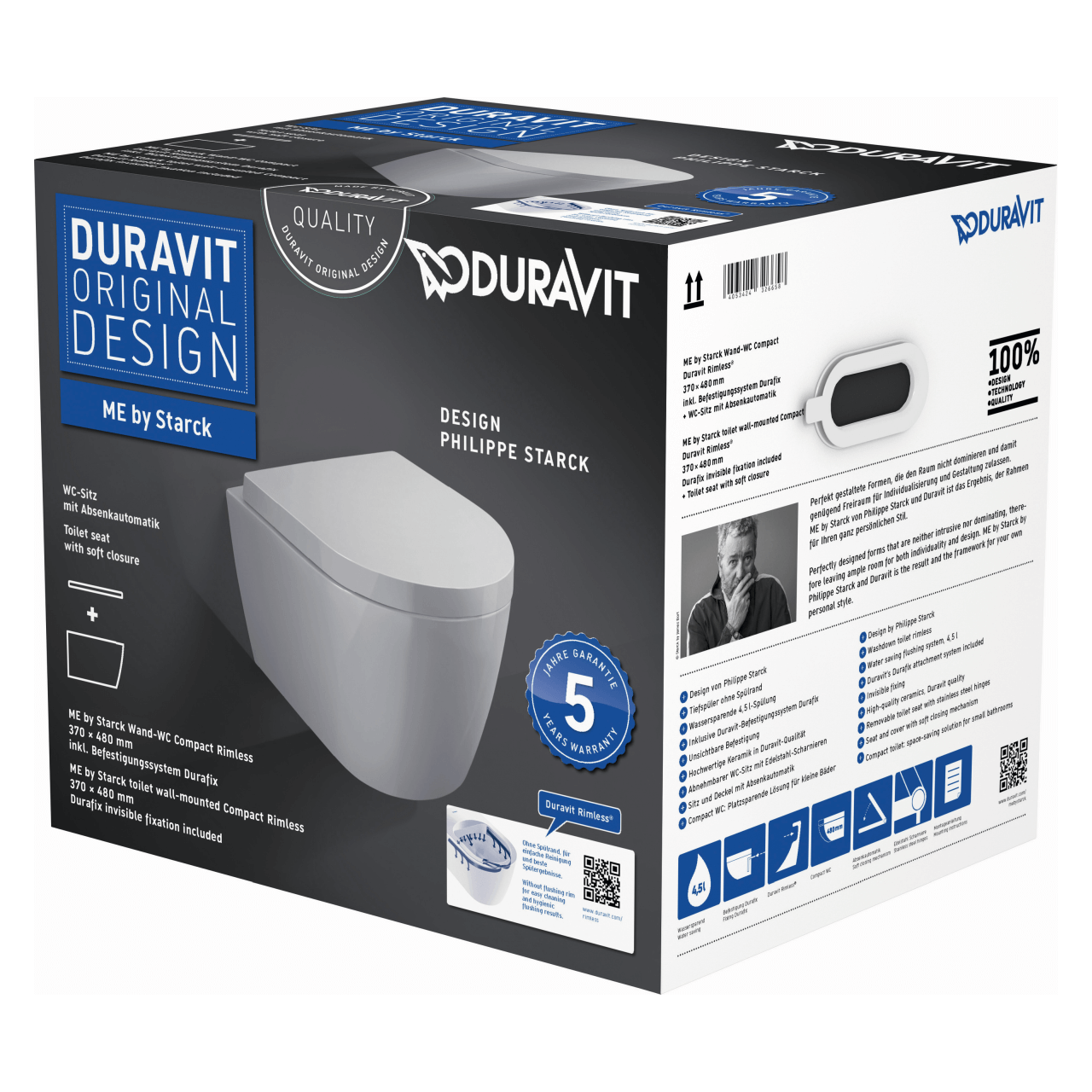 Duravit Wand-Tiefspül-WC Set Compact Me by Starck 4,5 l Rimless mit WC-Sitz Weiß (45300900A1)