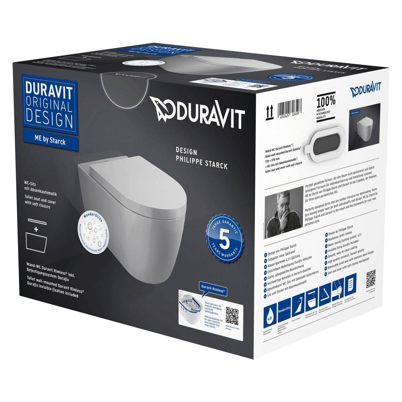 Duravit Wand-Tiefspül-WC Set Me by Starck Rimless Weiß WonderGliss (45290900A11)