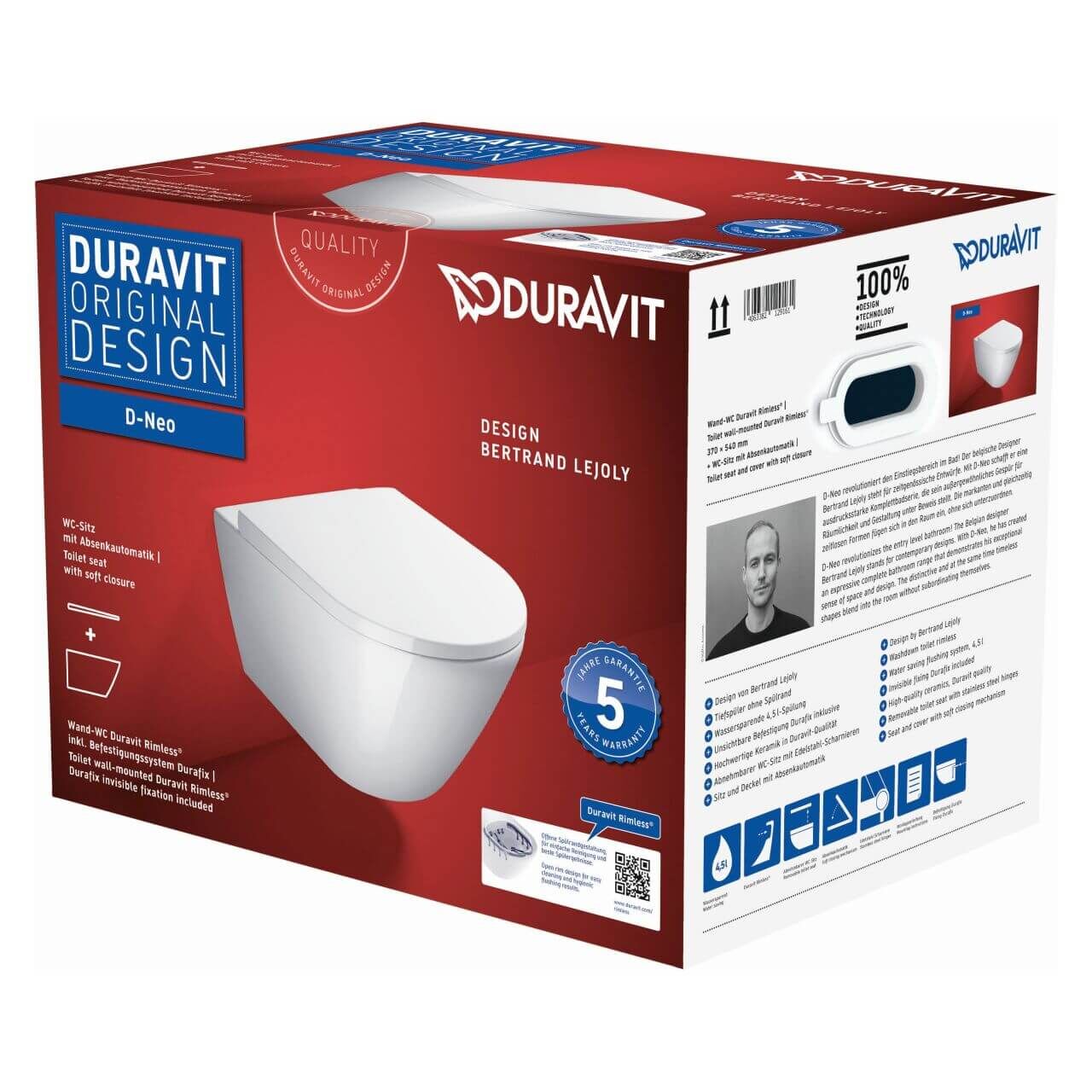 Duravit Wand-Tiefspül-WC-Set D-Neo Rimless Weiß (45770900A1)