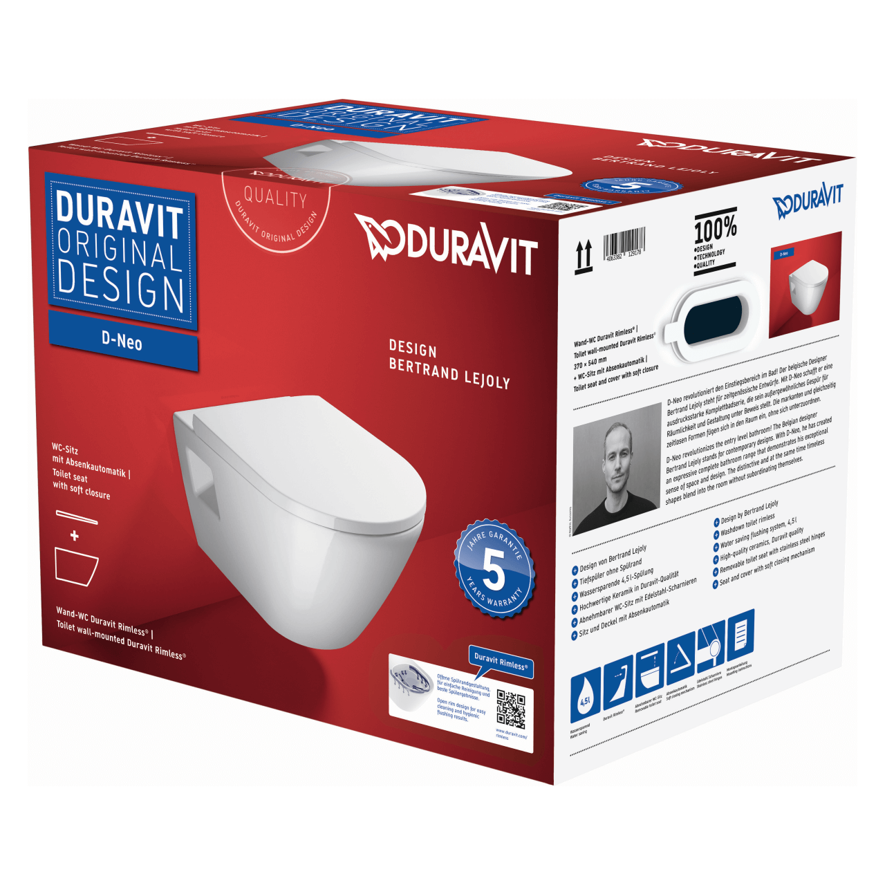 Duravit Wand-Tiefspül-WC-Set D-Neo Rimless Weiß mit WC-Sitz und Absenkautomatik (45780900A1)