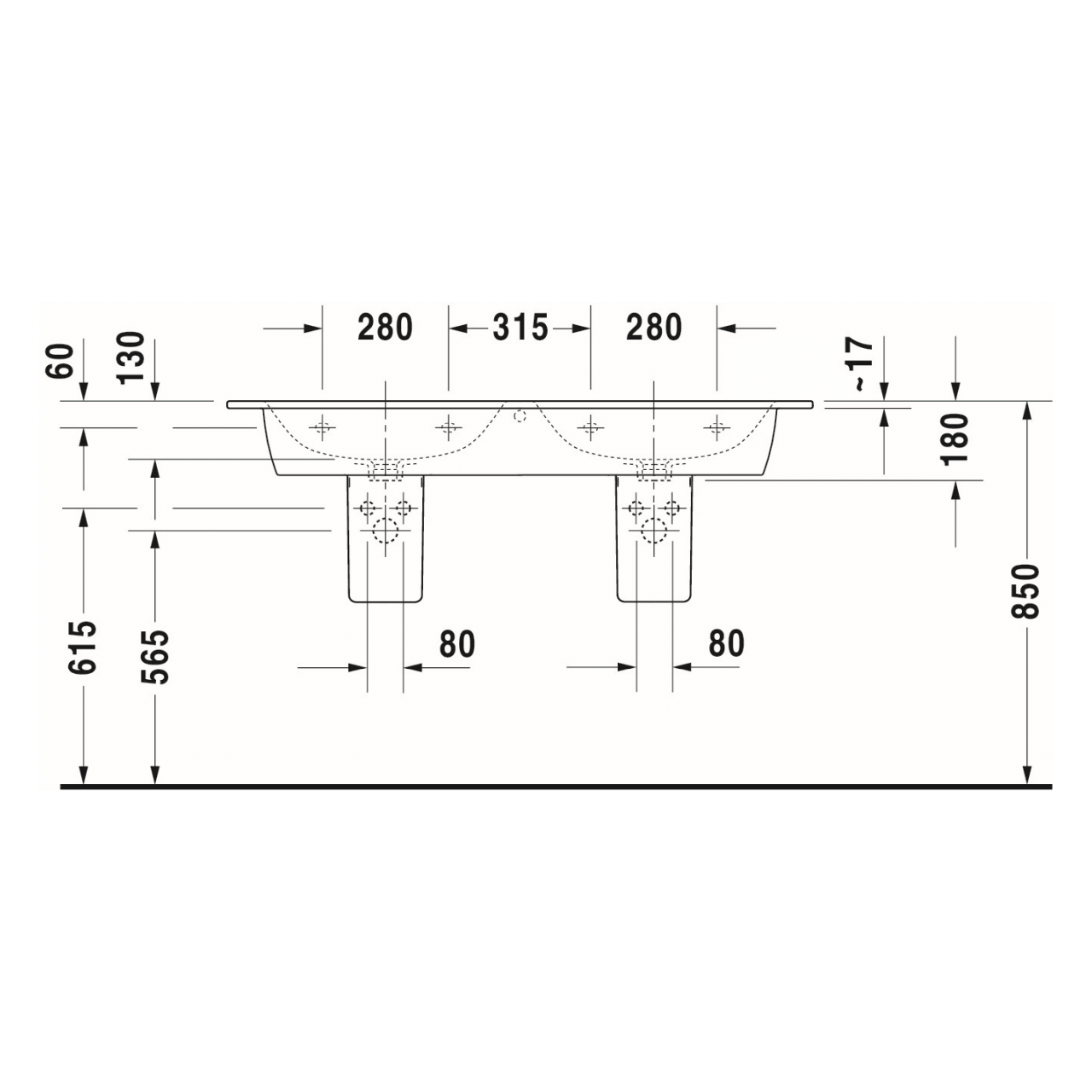 Duravit Doppelwaschtisch Me by Starck 130x49 cm Weiß 2 Hahnlöcher WonderGliss (23361300001)