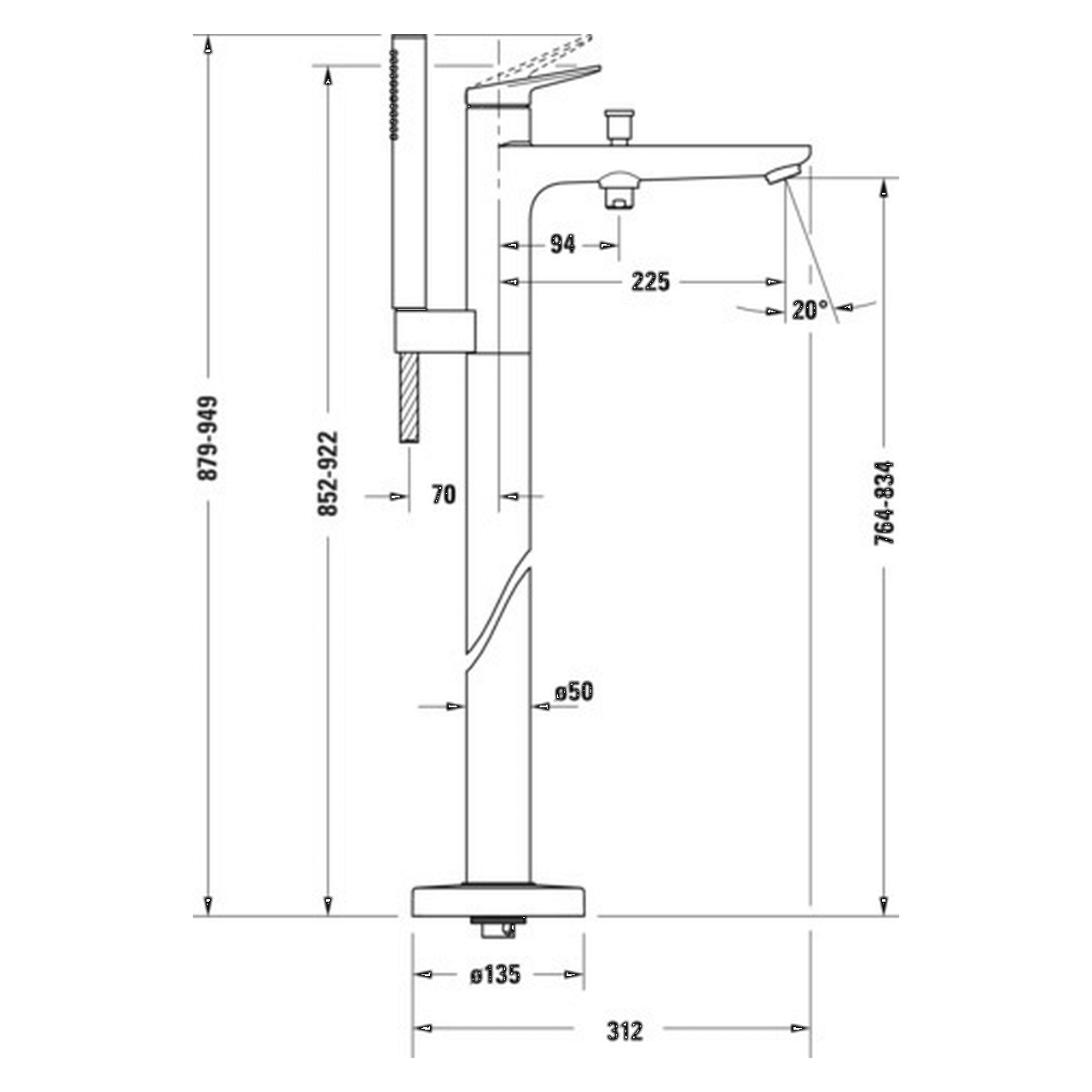 Duravit Badewannenarmatur Wave Bodenstehend Edelstahl gebürstet 225 mm (WA5250000070)