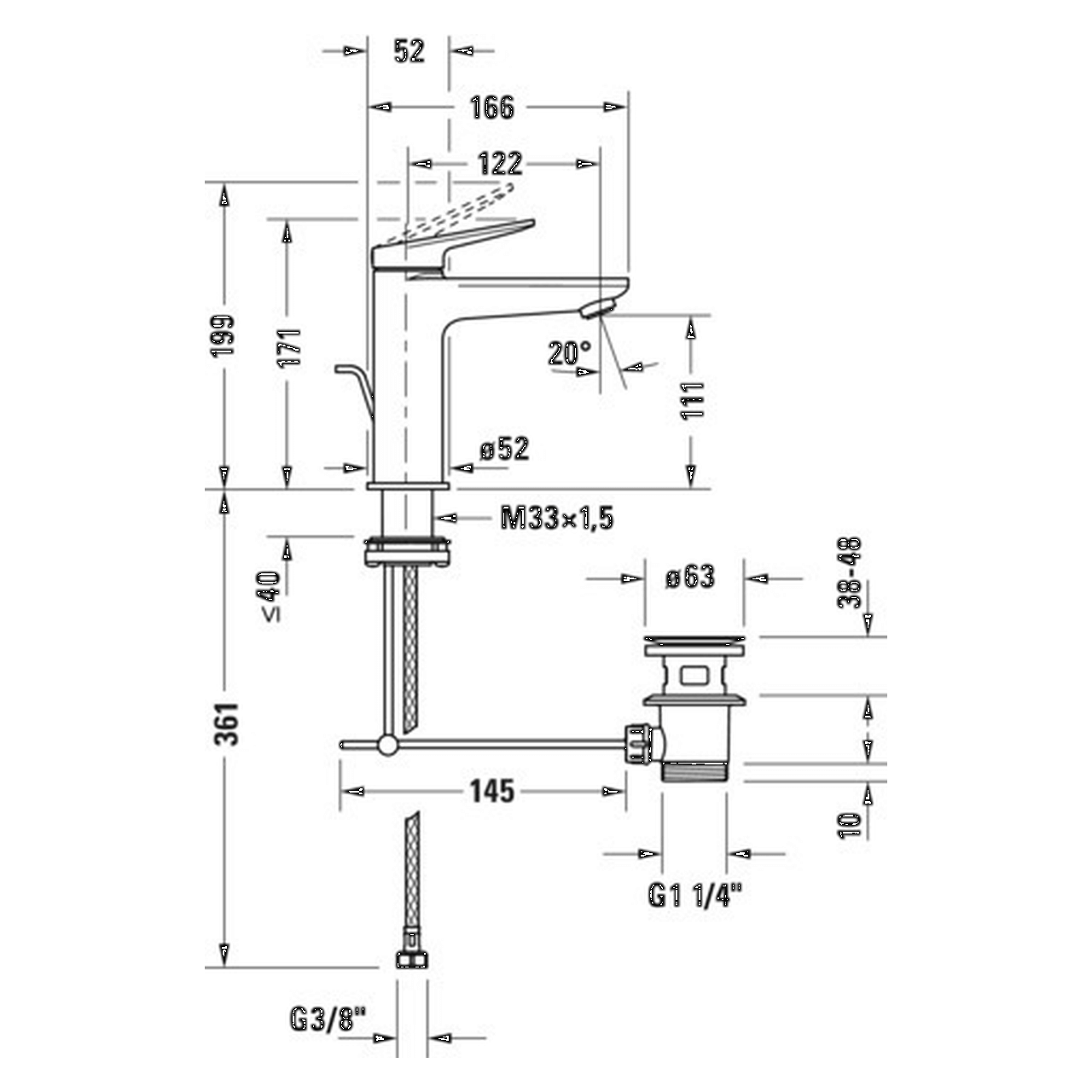 Duravit Waschtischarmatur M Wave Schwarz matt 122 mm mit Zugstangen-Ablaufgarnitur (WA1020001046)