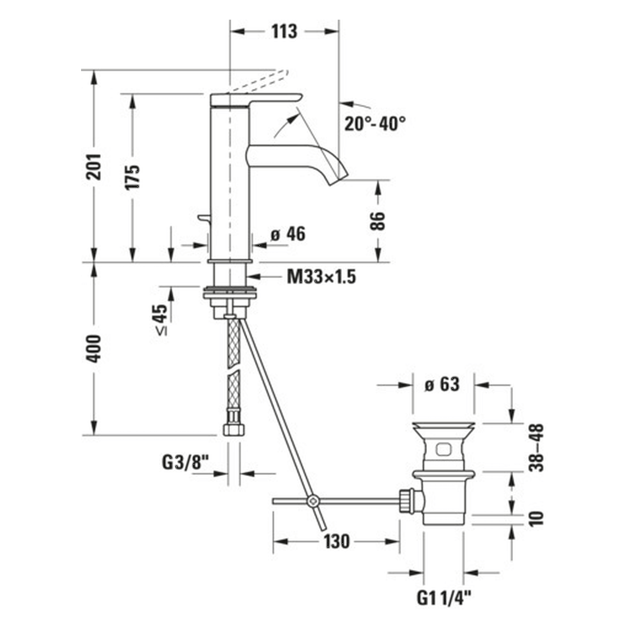 Duravit Waschtischarmatur M C.1 Chrom 113 mm mit Zugstangen-Ablaufgarnitur (C11020001010)