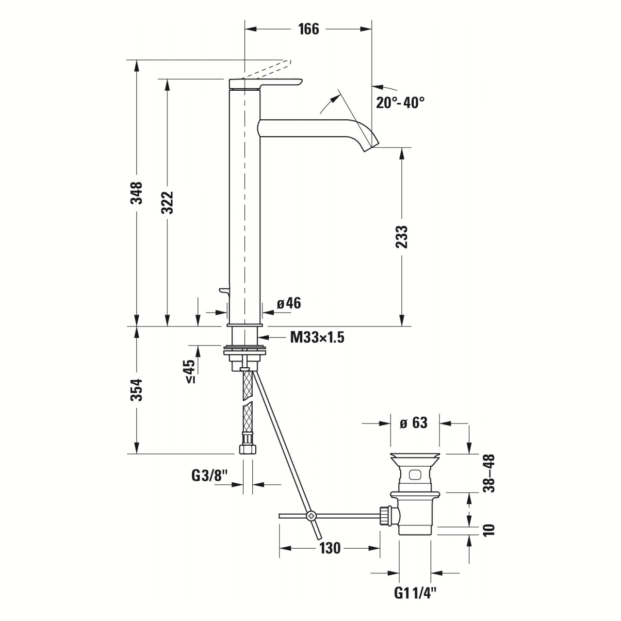 Duravit Waschtischarmatur XL C.1 Schwarz Matt 166 mm ohne Zugstangen-Ablaufgarnitur (C11040002046)