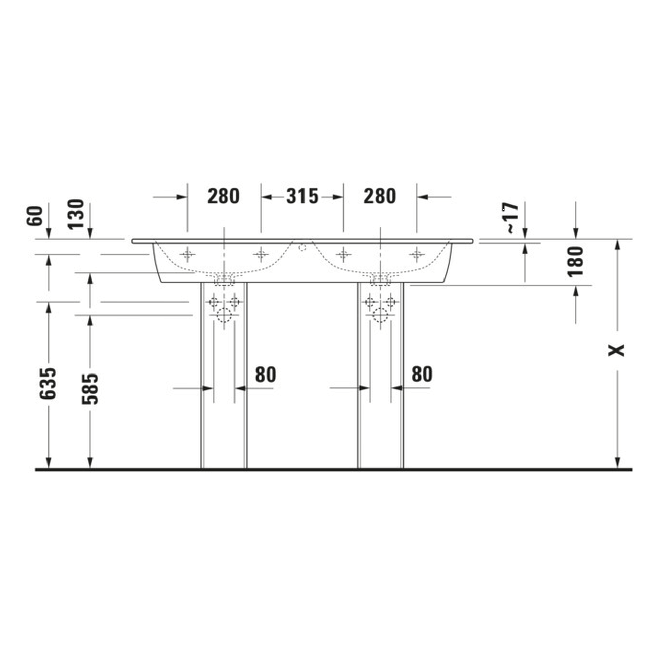 Duravit Doppelwaschtisch Me by Starck 130x49 cm Weiß 2 Hahnlöcher WonderGliss (23361300001)